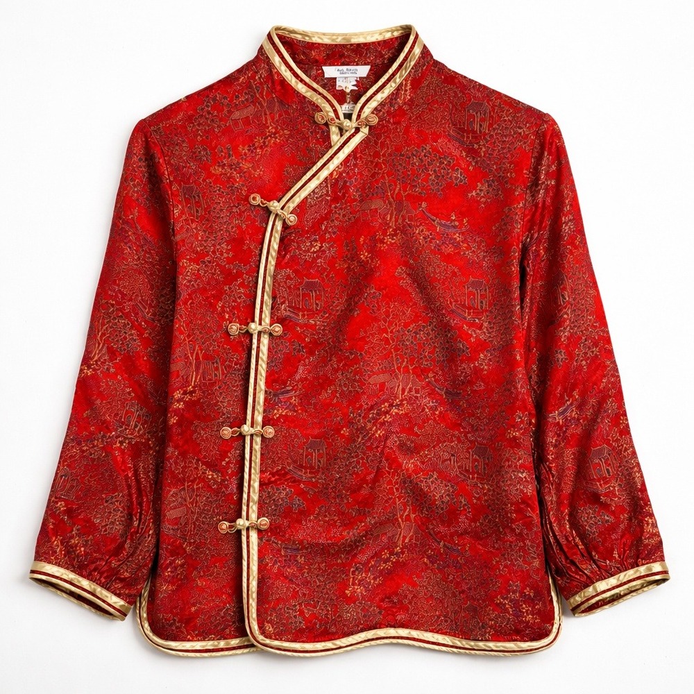 Red Brocade Chinese Jacket Mandarin Collar Frog Closures VTG Peony Cosplay Boho